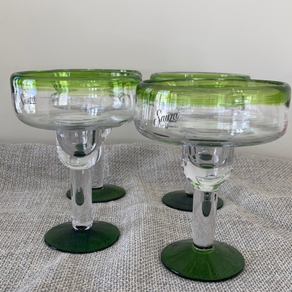 Set of four Sauza Tequila Margarita glasses Hand Blown Green Base.